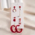 Juego de seis pendientes asimétricos de león rojo y perlas de estilo chino con carácter Fu - Rojo (Set de 6 piezas)