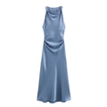 Robe midi en satin bleu brumeux avec col licou et détails froncés à la taille - Bleu gris