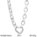 Silver chunky link necklace with hollow heart pendant and technical measurements - Steel Color Necklace 45cm (KN230899-Z)