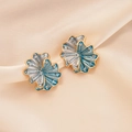 Elegant gold-rimmed blue flower stud earrings with diamonds on silk fabric - Silver Earring Post-Blue