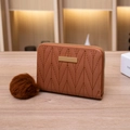 Brown quilted PU leather wallet with golden zipper and plush ball decorative keychain - Brown