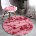 Detail of round plush rug in pink gradient with long fibers on modern grey wood floor - 80*80cm / Burgundy Gradient