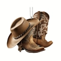 Western style flat car pendant featuring a brown cowboy hat and boots with embroidery - Brown