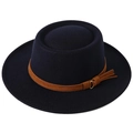 Detail of dark blue wool fedora with brown leather band and gold metal buckle - M(56-58cm) / Navy Blue