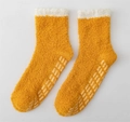 Women's warm coral fleece floor socks in ginger yellow with white faux fur and anti-slip grips - One Size / Orange Yellow with Grippers