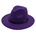 Close-up of purple wool felt fedora hat featuring a black leather band and silver buckle - M (56-58cm) / Dark Purple (Black Leather Band)