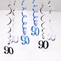 6-piece set of metallic 90th birthday party PVC spiral hanging decorations in black and blue - 90th Birthday (Blue Silver Black) / 6 Pieces Set