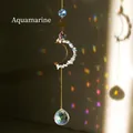 Aquamarine moon sun catcher with prism crystal ball and gold chain hanging pendant - Aquamarine