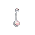 Silver belly button ring with pink opal stones in a curved surgical steel barbell design - Pink Opal Round Ball Style