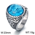 Vintage Viking style stainless steel ring with a blue cracked stone and ornate relief - Size 7 / Steel Band + Blue Cracked Stone