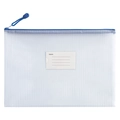 A4 white grid mesh file bag with blue zipper and transparent index card holder - Morandi Dark Blue - Label