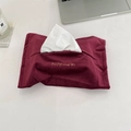 Close-up of burgundy velvet tissue bag with gold Happiness embroidery for home decor - Burgundy