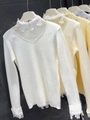 Slim fit V-neck knit sweater in white, yellow, and light blue with delicate lace trim - One Size / White