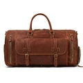 Front view of a dark brown crazy horse leather travel bag with buckle pockets and zippers - 9803 / Brown