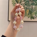 Pink and cream acrylic beaded keychain with heart charms and a circular hook - Pink White Combo