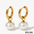 Golden stainless steel hoop earrings with large white pearl drop pendants for women - Gold Pearl Pendant Style (KD1386)