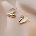 Elegant gold and white heart stud earrings with enamel finish on beige silk fabric - Asymmetric Heart Style (E0545)
