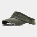 Close-up of distressed denim sun visor with ripped details and retro frayed edges - Adjustable / Army Green