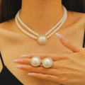French vintage pearl necklace set with double layers and shimmering gold zircon studs - Double Layer Artificial Pearl Necklace + Stud Earrings Set / KC Gold (3504)