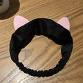 Elastic black plush cat ear headband with pink inner ears on a wooden background - Cat Ear Headband (OPP Bag) / Black