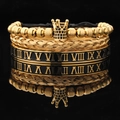 Three-piece men's gold bracelet set with crown charm and Roman numeral bangle - Gold Crown Black Zircon Roman Enamel
