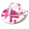 Dettaglio cappello da cowboy con motivo mucca rosa e bianco, corda beige e fibbia in metallo - M (56-58cm) / Parte Superiore a Cuore / Rosso rosa