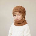Kids knitted beanie and scarf set in caramel brown with cozy fleece lining - 2-Piece Set (Hat + Scarf) / Caramel color