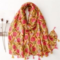 Linen cotton floral scarf in yellow with pink tassels for summer vacation styling - Bright Yellow Pink & White Floral (SL2301-005)