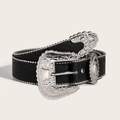 Close-up of Western vintage black leather belt with silver floral carved buckle and metal beads - Black (Silver Buckle)