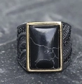 Anello da uomo punk retrò con pietra nera e finitura in metallo nero testurizzato - US 7 / Stile Turchese Nero (19206)