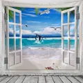 Detalle de tapiz 3D con vista de ventana, delfines y olas del mar en pared de ladrillo - 150x130cm / Estilo 3-Delfín Escena