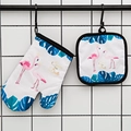 Thick kitchen oven mitt and pot holder set with pink flamingo and tropical leaf print - Blue Flamingo