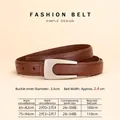 Dark brown leather belt with vintage U-buckle and detailed size guide for women - Silver Buckle Brown