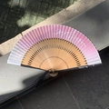 Pink and white gradient bamboo folding fan with cherry blossom pattern and black tassel - Natural Wood Pink Blue