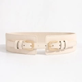 Elastic wide cream waist belt with double golden buckles for elegant dresses - 19679 Beige 65cm