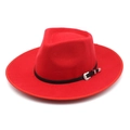 Classic red wool felt jazz fedora hat with black leather belt and vintage silver buckle - M (56-58cm) / Red