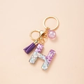 Letter H keychain with purple sequins, gold lobster clasp and matching tassel charm - Letter H