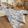 Beige linen table runner with blue floral pattern displayed on a rustic wooden table - 30*160cm / Vintage Orchid