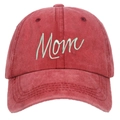Detailed view of high-quality green Mom 3D embroidery on washed red cotton baseball cap - Washed Red Mom Embroidery Baseball Cap