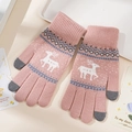 Pink knit gloves with white reindeer and snowflake patterns for winter warmth - One Size / Pink (Touch Deer)