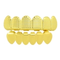 Golden hip-hop grillz set with faceted upper texture and smooth lower finish on white - Engraved Texture Set / Grid Pattern Gold Set