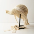 Handmade beige straw sun hat for women featuring delicate lace ribbon ties - L (58-60cm) / Lace Woven Through Beige