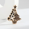 Broche sapin de Noël dorée vintage sertie de strass noirs et marrons sur socle - Sapin de Noël en pot doré vintage (YNCP4138)