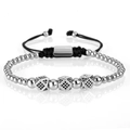 Silver beaded bracelet for men with black cubic zirconia squares and woven cord - Silver Geometric Cube