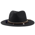 Détail du chapeau de paille noir orné de perles coquillages et glands colorés - Noir