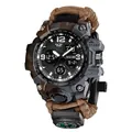 Tactical dual-display sports watch with brown camo paracord strap and mini compass - 827-2 Bare Watch