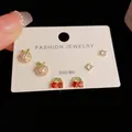 Three-piece Korean gold earrings set with apple, cherry motifs and S925 silver needles - Gold-Rhinestone Apple Cherry Set (5#)