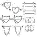 7 pairs of stainless steel nipple rings set with heart, devil and tassel designs - Silver