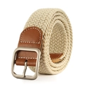 Beige elastic woven canvas belt with brown leather trim and silver metal buckle - Off White