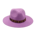 Chapeau de paille tissé violet de style bohème avec ruban marron et perles en bois - Taille unique / Chapeau de Paille Violet (Bande en Cuir Café)